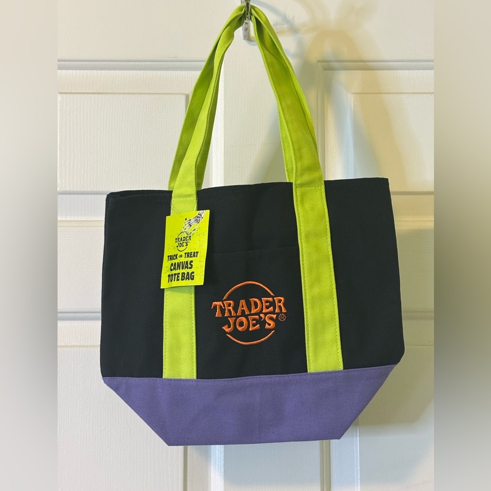Trader Joe's Black and Purple Canvas Tote Bag